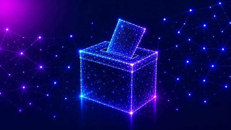 Urna elettorale in stile wireframe luminoso circondata da una rete di nodi
