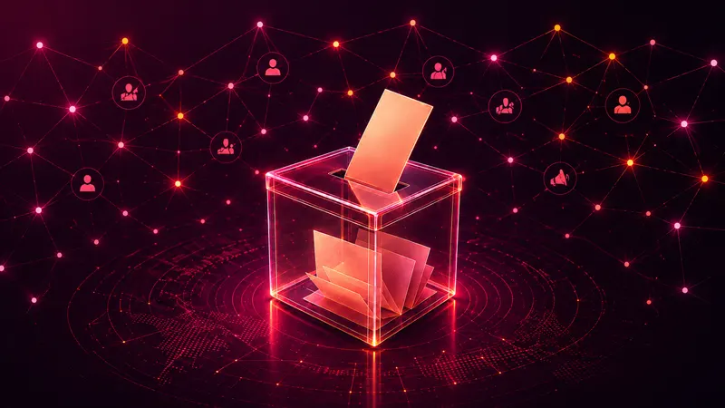 Urna elettorale trasparente illuminata di magenta con una scheda che viene inserita
