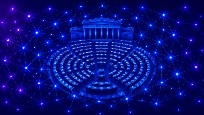 Emiciclo parlamentare illuminato e connesso da una rete di nodi luminosi